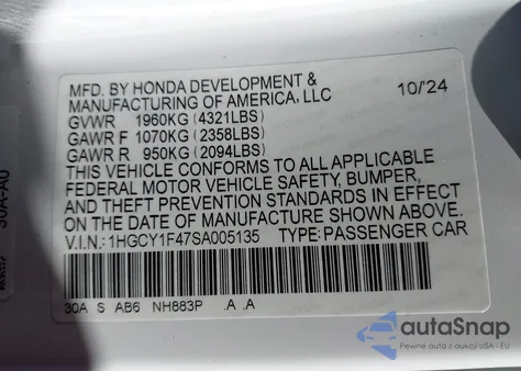 2025 Honda Accord Se from USA, damaged, VIN 1HGCY1F47SA005135